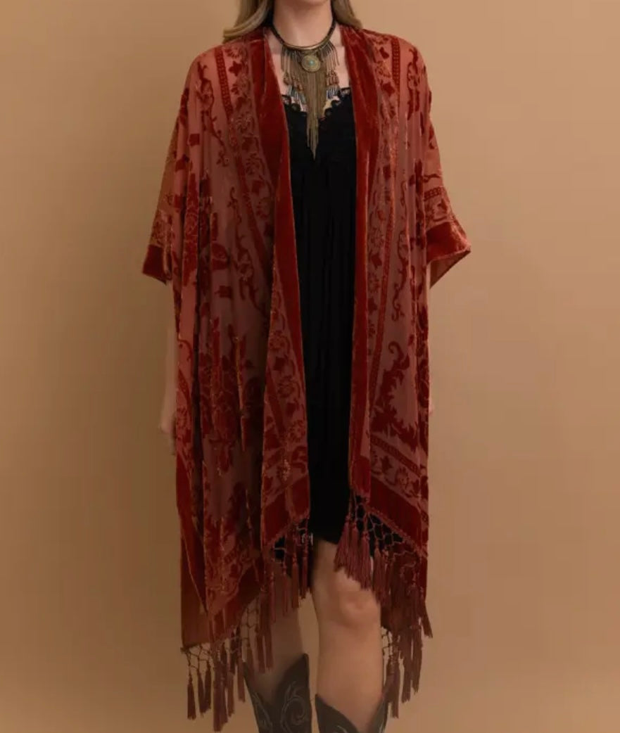 Velvet Mesh Tapestry Tassel Kimono